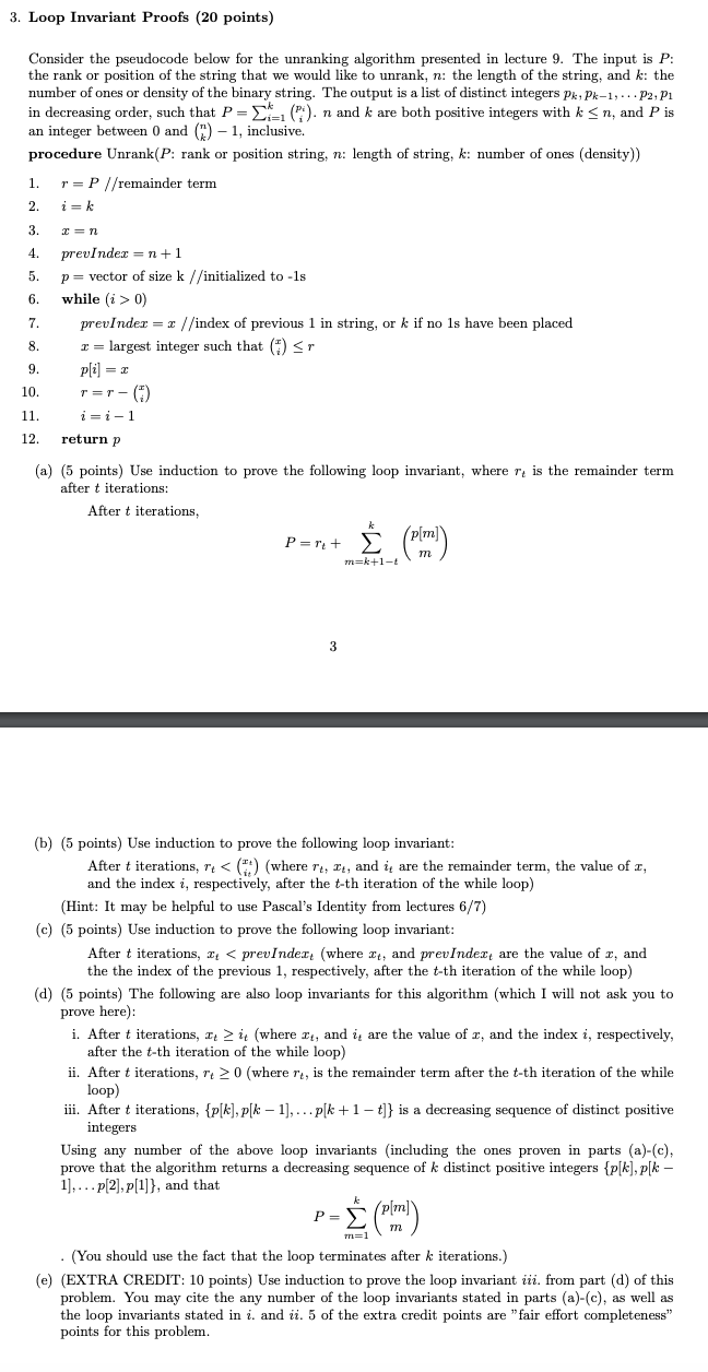 Consider the pseudocode below for the unranking algorithm presented in lecture