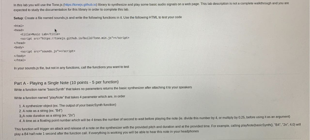  In this lab you will use the Tone js (https:/tonejs.github.io) library