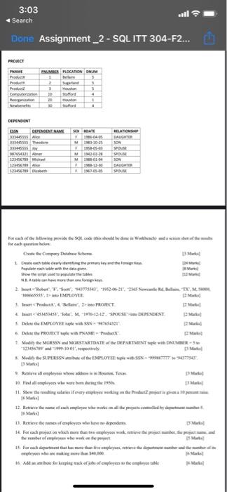  3:03 Search Done Assignment_2 - SQL ITT 304-F2... PRORCE FRAME PM