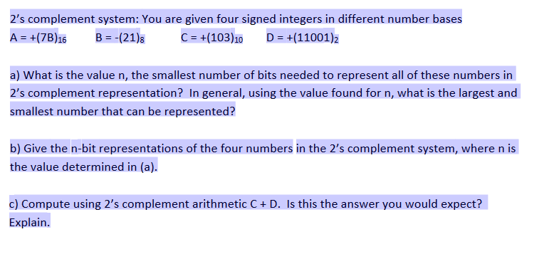  2's complement system: You are given four signed integers in different