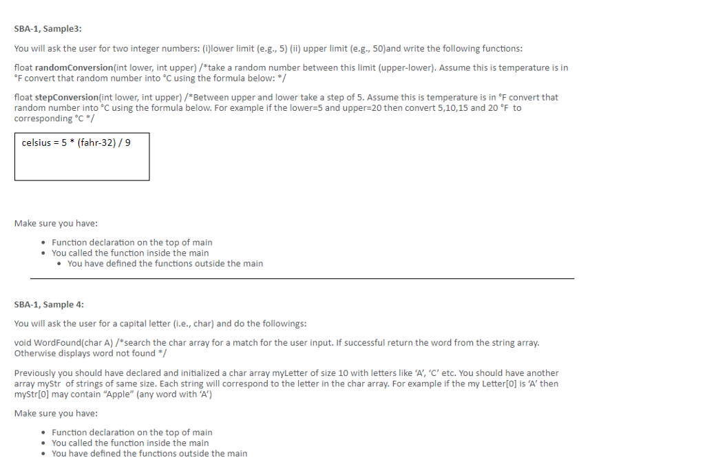 this needs to be done in C langage SBA-1, Sample3: You will