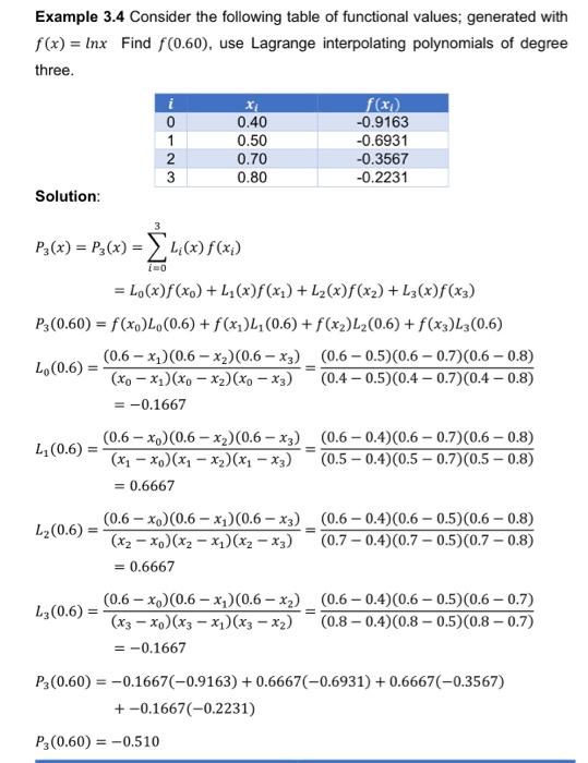 use matlab code Example 3.4 Consider the following table of functional values,