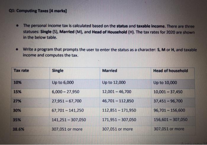  using C language please! Q1: Computing Taxes (4 marks) . The