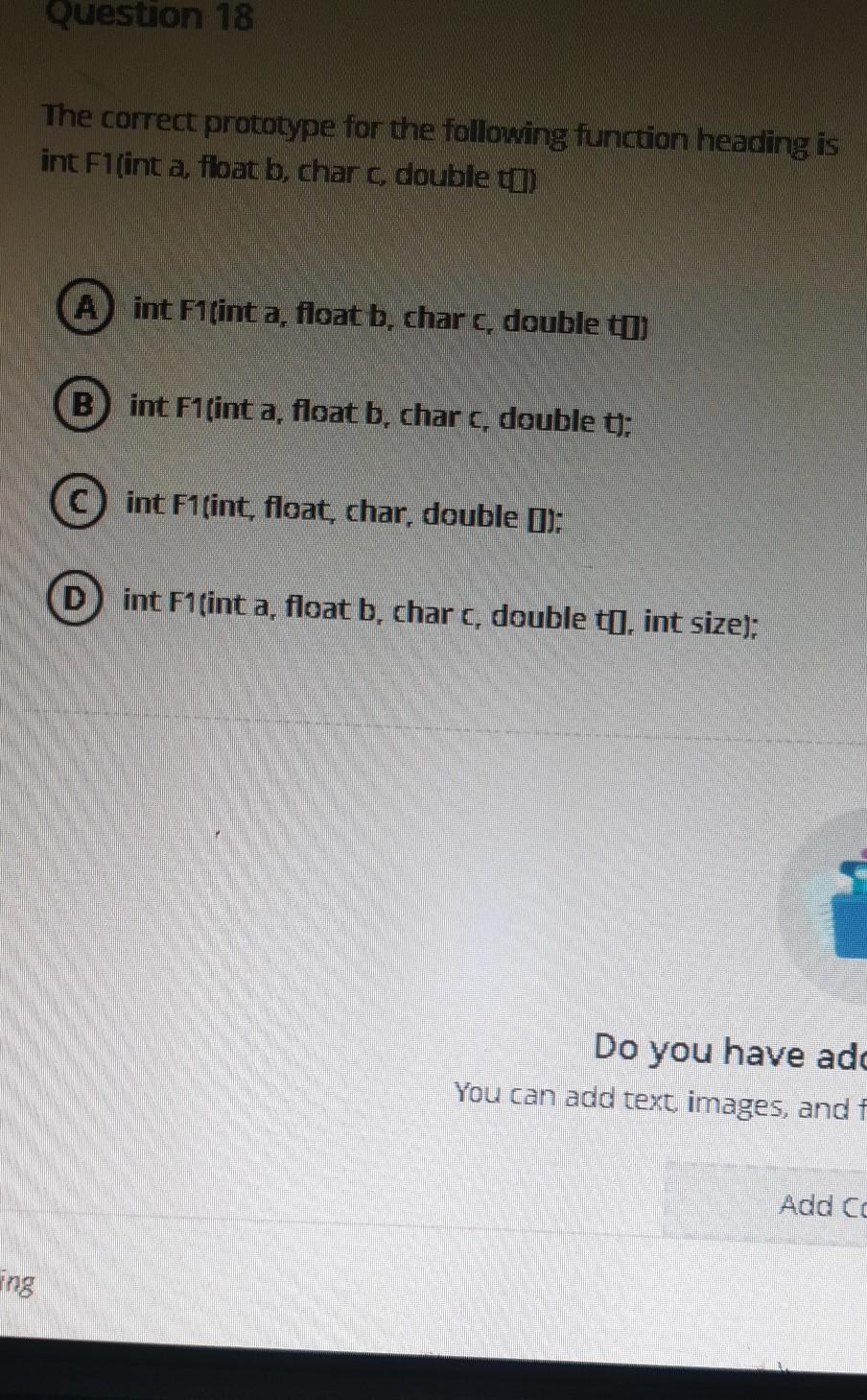  c++ Question 18 The correct prototype for the following function heading