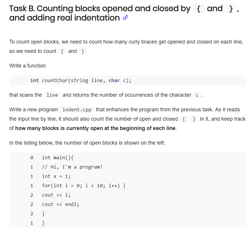 In C++ Task B. Counting blocks opened and closed by and adding