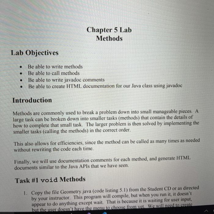  TASK #2 ONLY. HELP!! Chapter 5 Lab Methods Lab Objectives .
