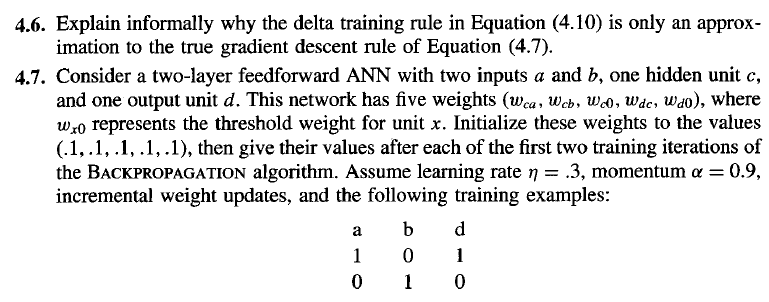  4.6. Explain informally why the delta training rule in Equation (4.10)