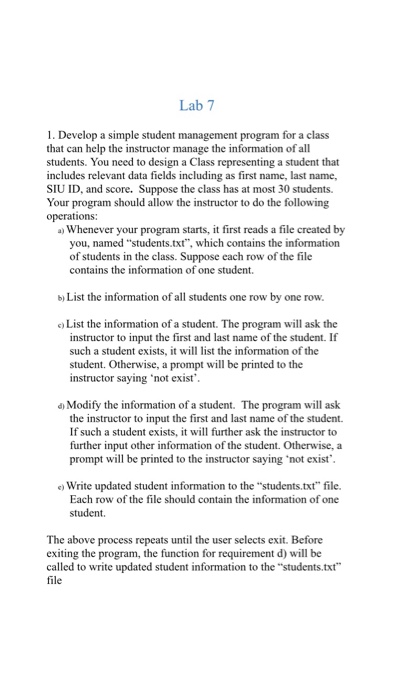  C++, visual studio. Lab 7 1. Develop a simple student management