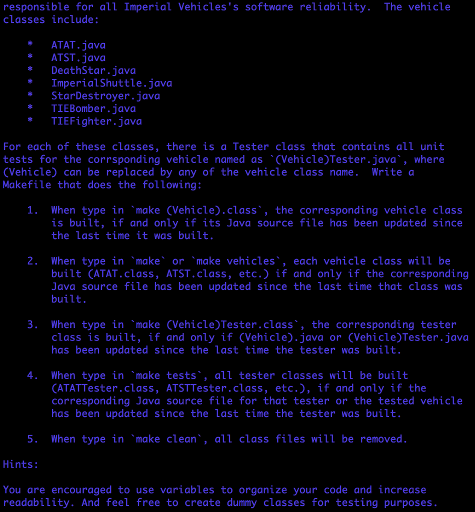  Please write a Makefile in Java for the following: responsible for