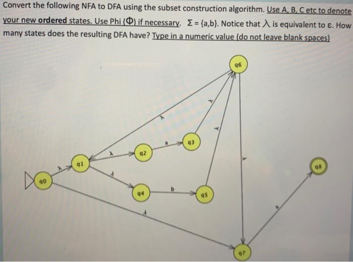 Convert the following NFA to DFA using the subset construction algorithm.