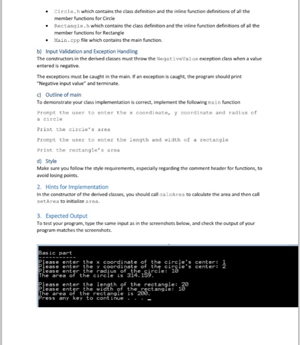that has a private member variable: double area a public exception class: