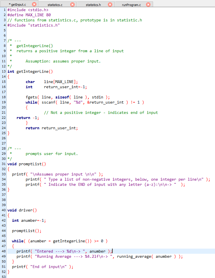 add functions to compute statistics in the file statistics.c. Currently the program