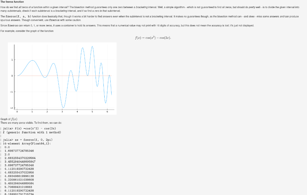 Use Julia programming language if needed The fzeros function How do we
