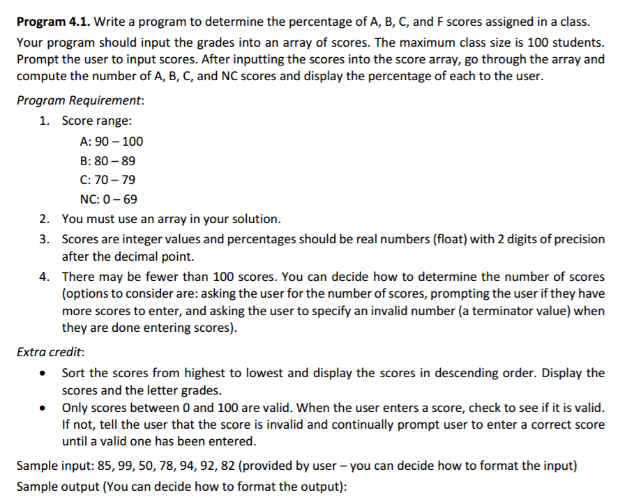  Program 4.1. Write a program to determine the percentage of A,