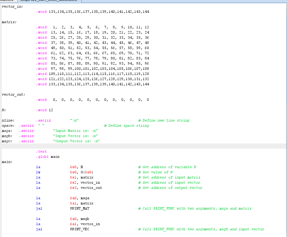 Write a MIPS assembly code program compatible with MARS for a NxN