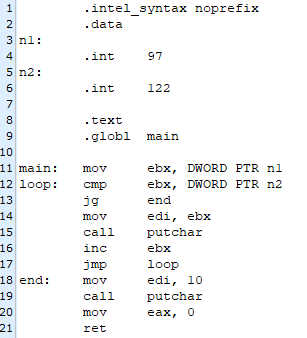 need help with problems 2 & 3: printAlpha.s: .intel_syntax noprefix .data n1: