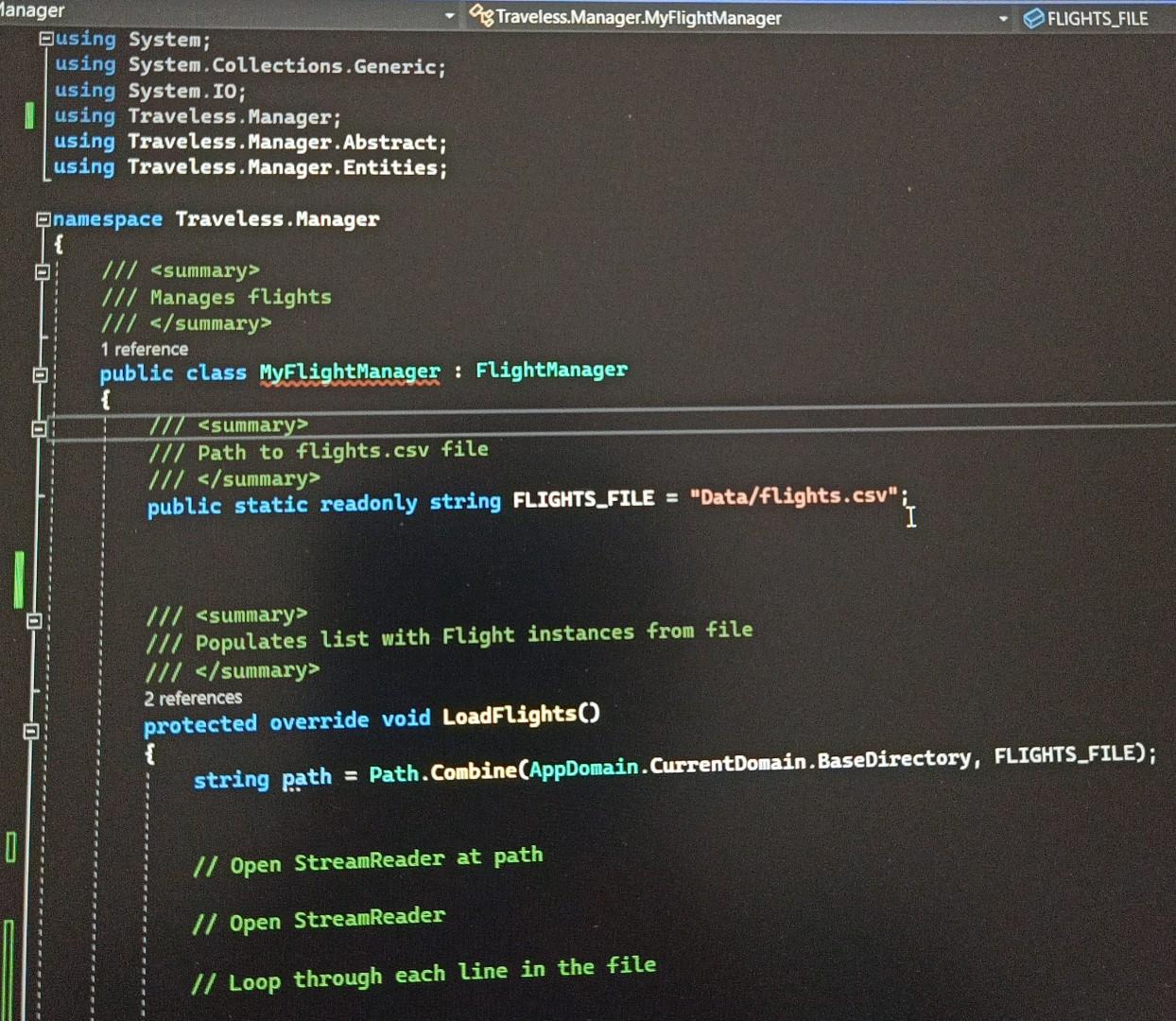  please provide full code - O8 Traveless.Manager.MyFlightManager - FLIGHTS_FLLE using System;