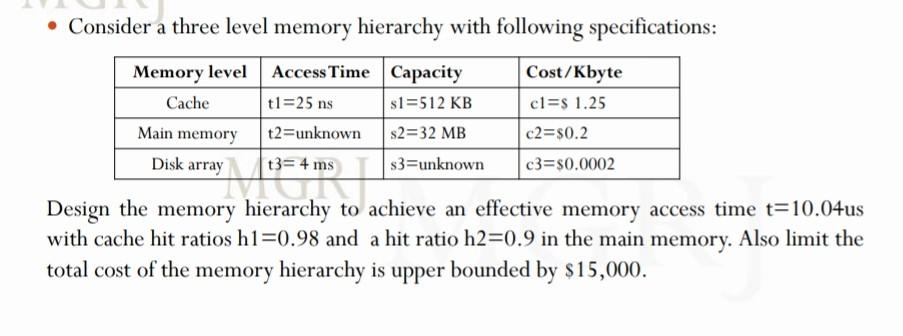  Consider a three level memory hierarchy with following specifications: Memory level
