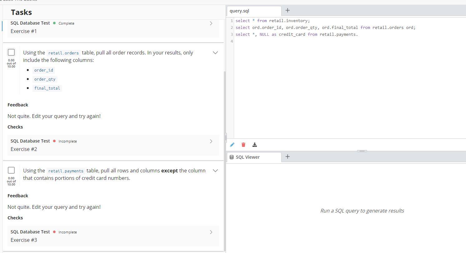 Whats Wrong with 2&3 ? Tasks SQL Database Test . Complete >
