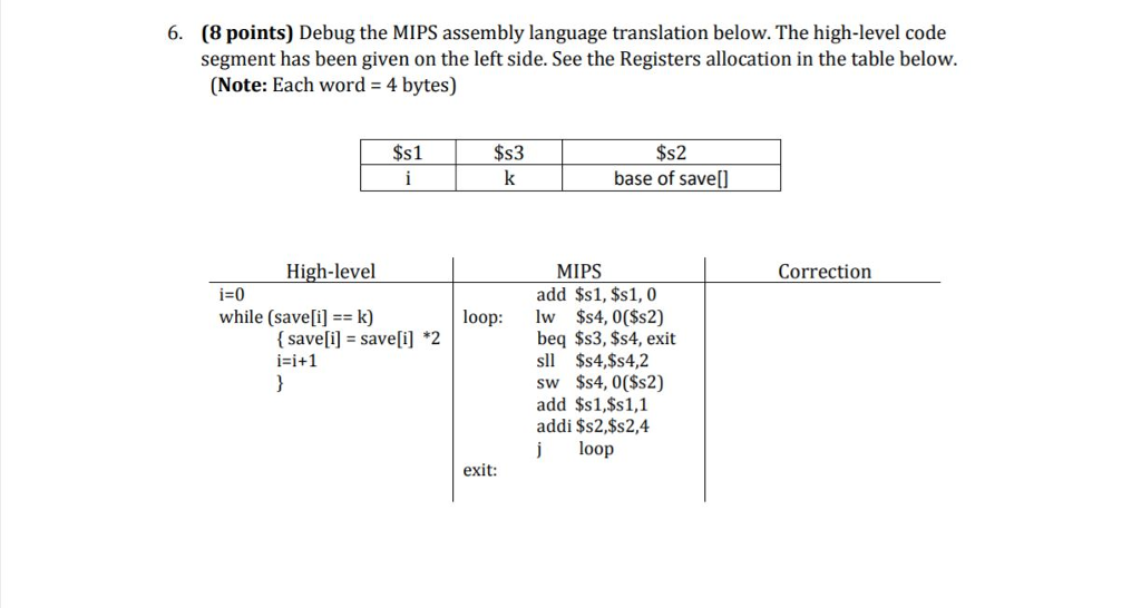  6. (8 points) Debug the MIPS assembly language translation below. The