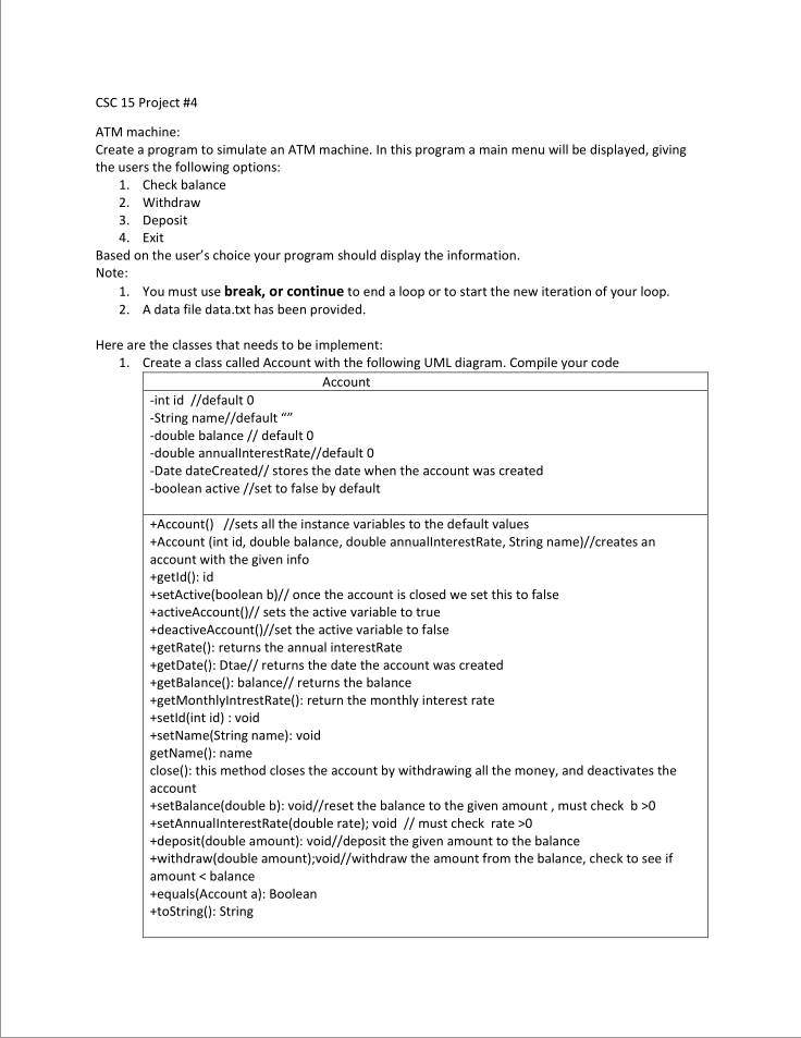 Java ATM Machine: Create a program to simulate an ATM machine. In