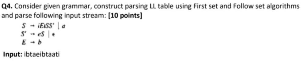 I need ans within minutes Q4. Consider given grammar, construct parsing LL
