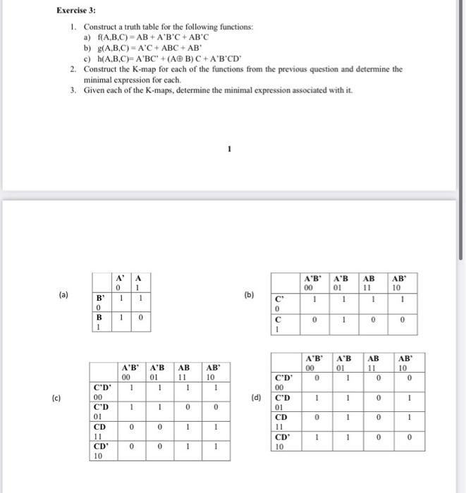  Exercise 3: 1. Construct a truth table for the following functions:
