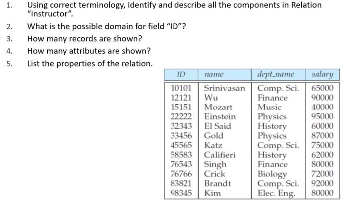  1. 2. 3. 4. 5. ID Using correct terminology, identify and