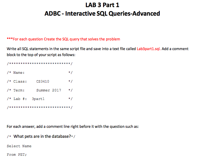  LAB 3 Part 1 ADBC-Interactive SQL Queries-Advanced ***For each question Create