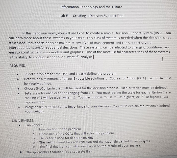  Information Technology and the Future Lab # 1: Creating a Decision