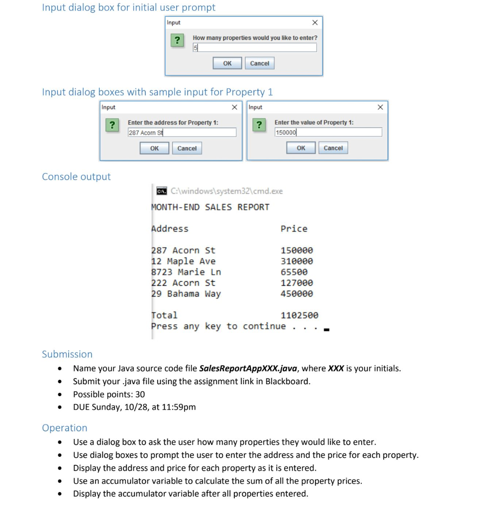  Input dialog box for initial user prompt Input How many properties