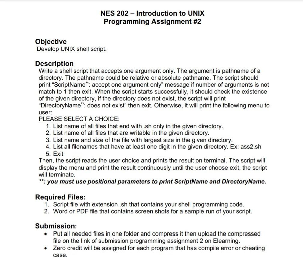  NES 202 - Introduction to UNIX Programming Assignment #2 Objective Develop