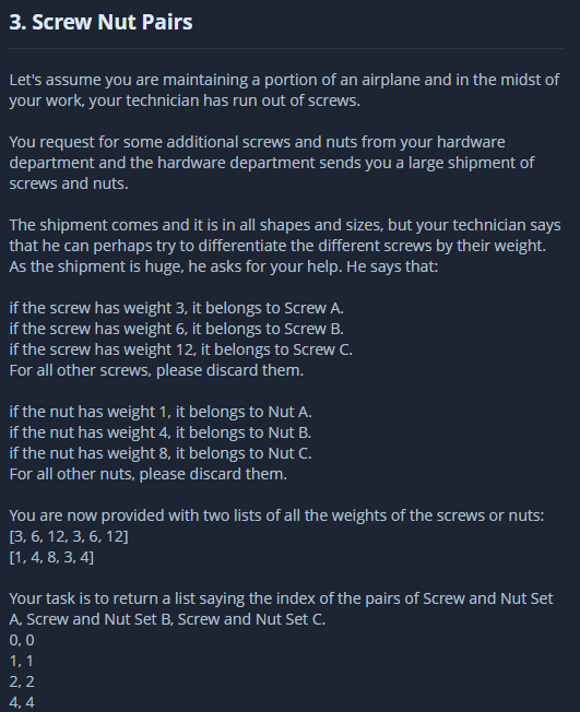  IN PYTHON! 3. Screw Nut Pairs Let's assume you are maintaining