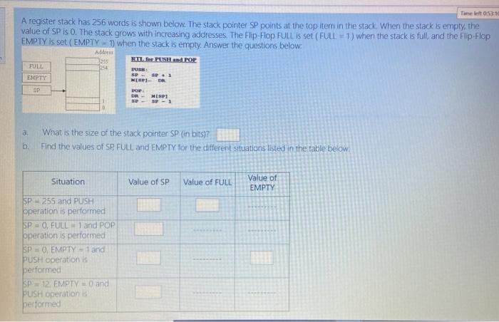  Time 530 A register stack has 256 words is shown below.