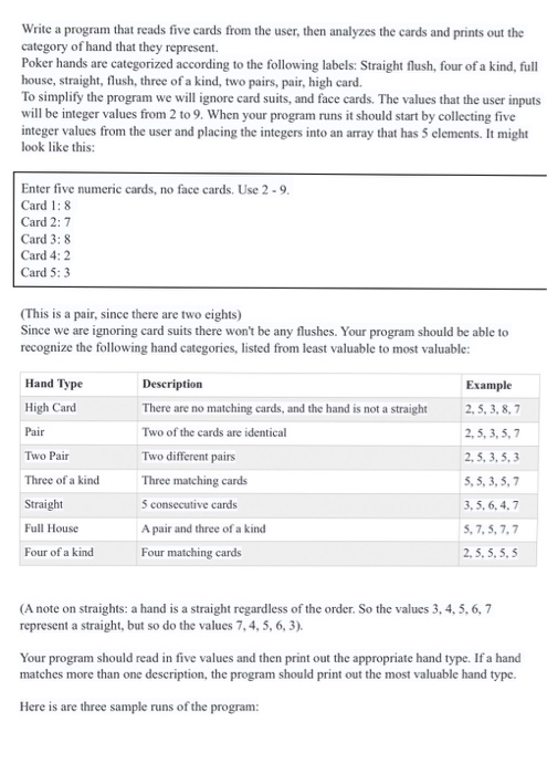  Write a program that reads five cards from the user, then