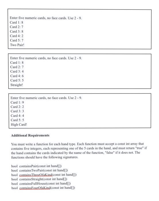 analyzes the cards and prints out the category of hand that they