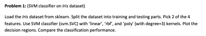  Problem 1: (SVM classifier on Iris dataset) Load the Iris dataset