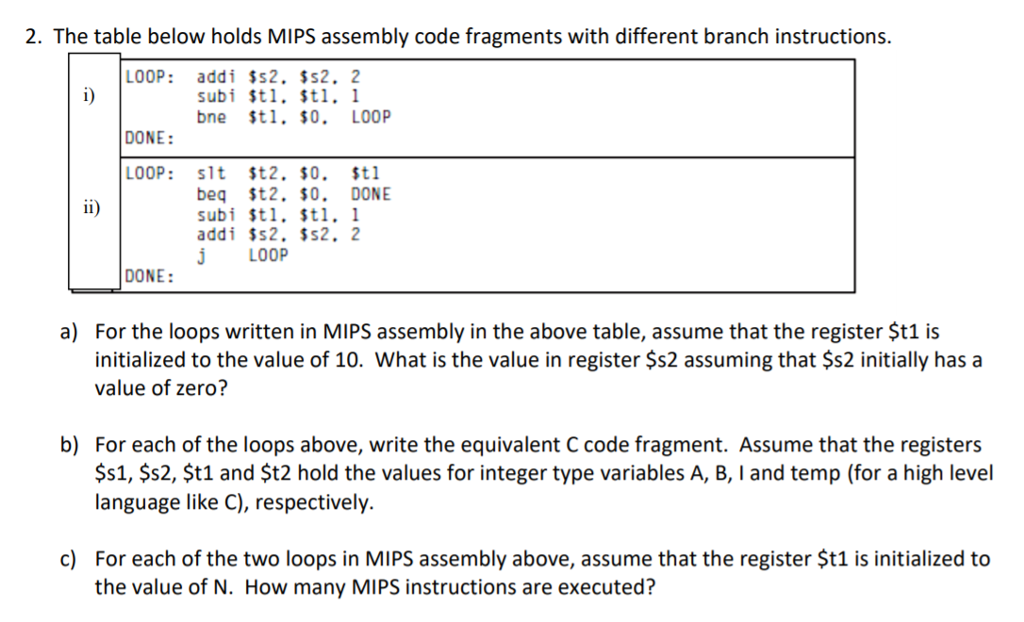  2. The table below holds MIPS assembly code fragments with different
