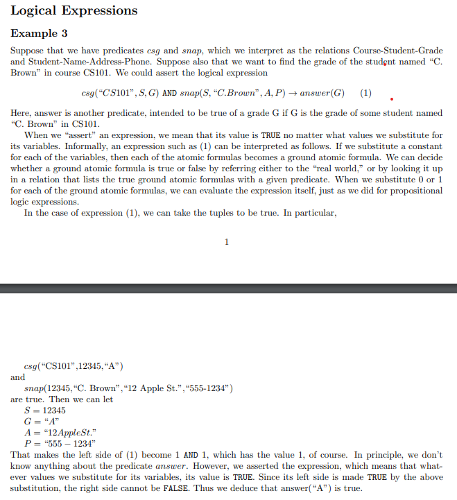 Using the csg predicate of our running example, write expressions that assert