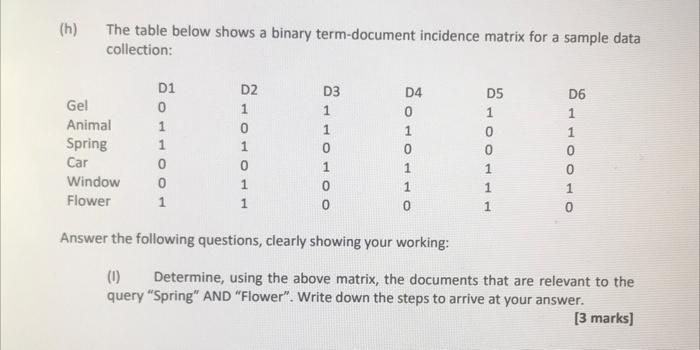  (h) The table below shows a binary term-document incidence matrix for