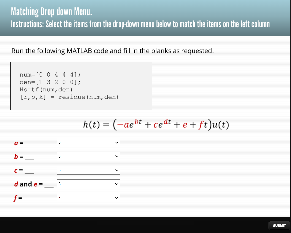  Matching Drop down Menu. Instructions: Select the items from the drop-down