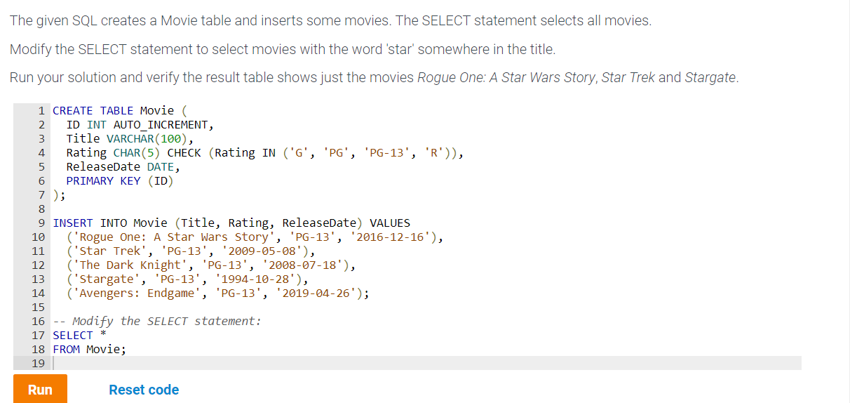 DATABASE APPLICATIONS COURSE: The given SQL creates a Movie table and inserts