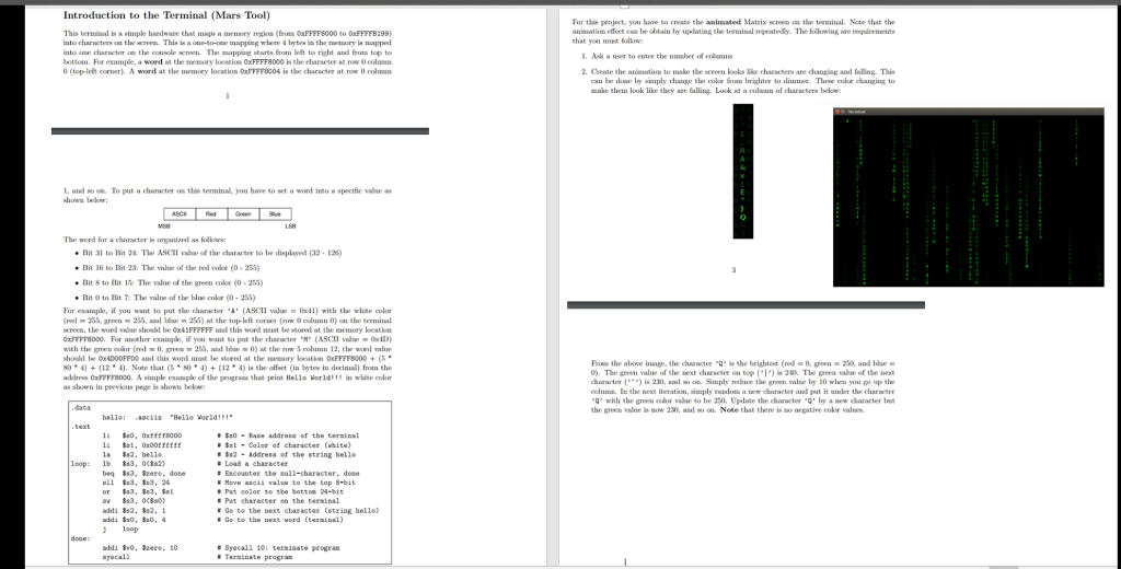 Implement the matrix falling rain in MIPS assembly code. We are given