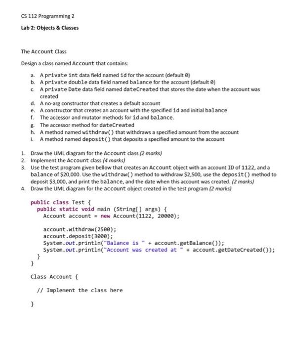 Java CS 112 Programming 2 Lab 2: Objects & Classes The Account