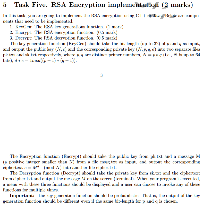  5 Task Five. RSA Encryption implementation (2 marks) In this task,
