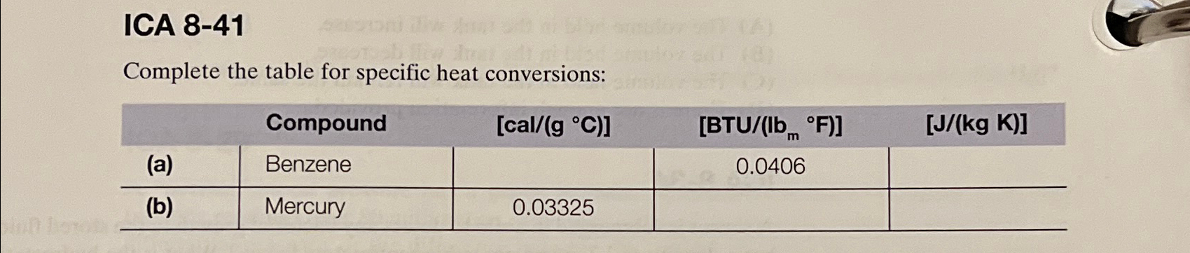  ICA 8-41 Complete the table for specific heat conversions: \table[[,Compound,calgC,[BTU/(lb (:?mF}],JkgK
