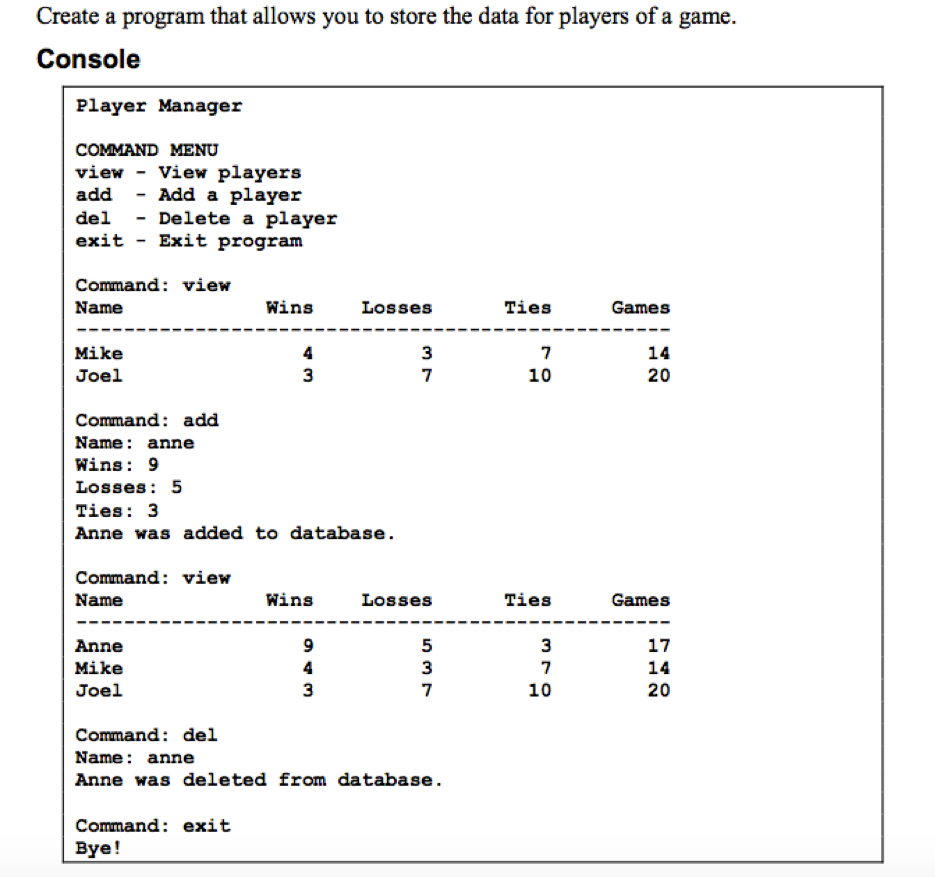 Specifications: Create a database file (players_Data.db) that contains a Player table