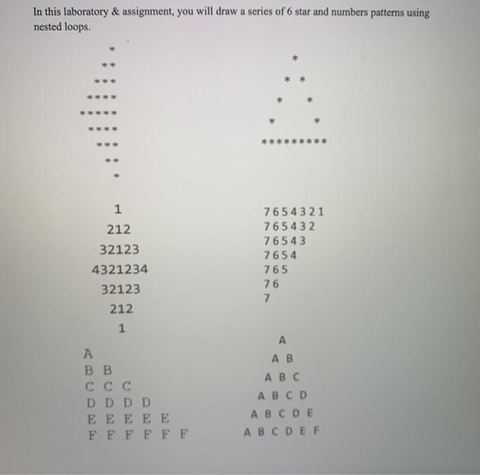 need 1 java file that outputs these patterns In this laboratory &