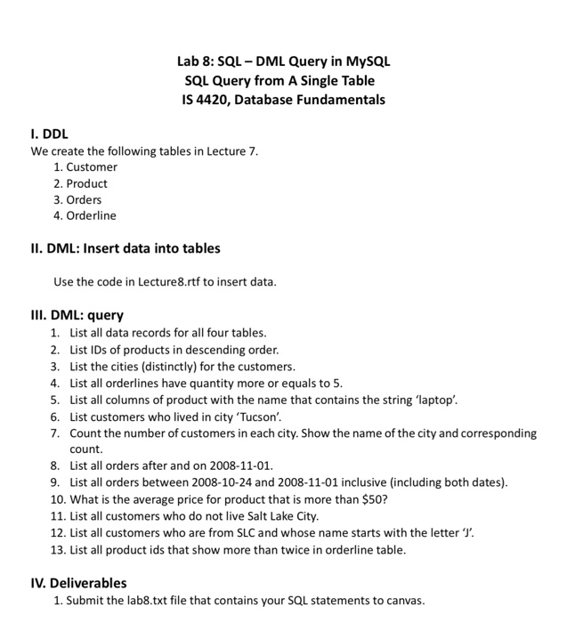  Lab 8: SQL DML Query in MySQL SQL Query from A