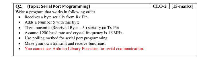  Microcontroller Based System Design CLO-2 [15-marks] Q2. (Topic: Serial Port Programming)